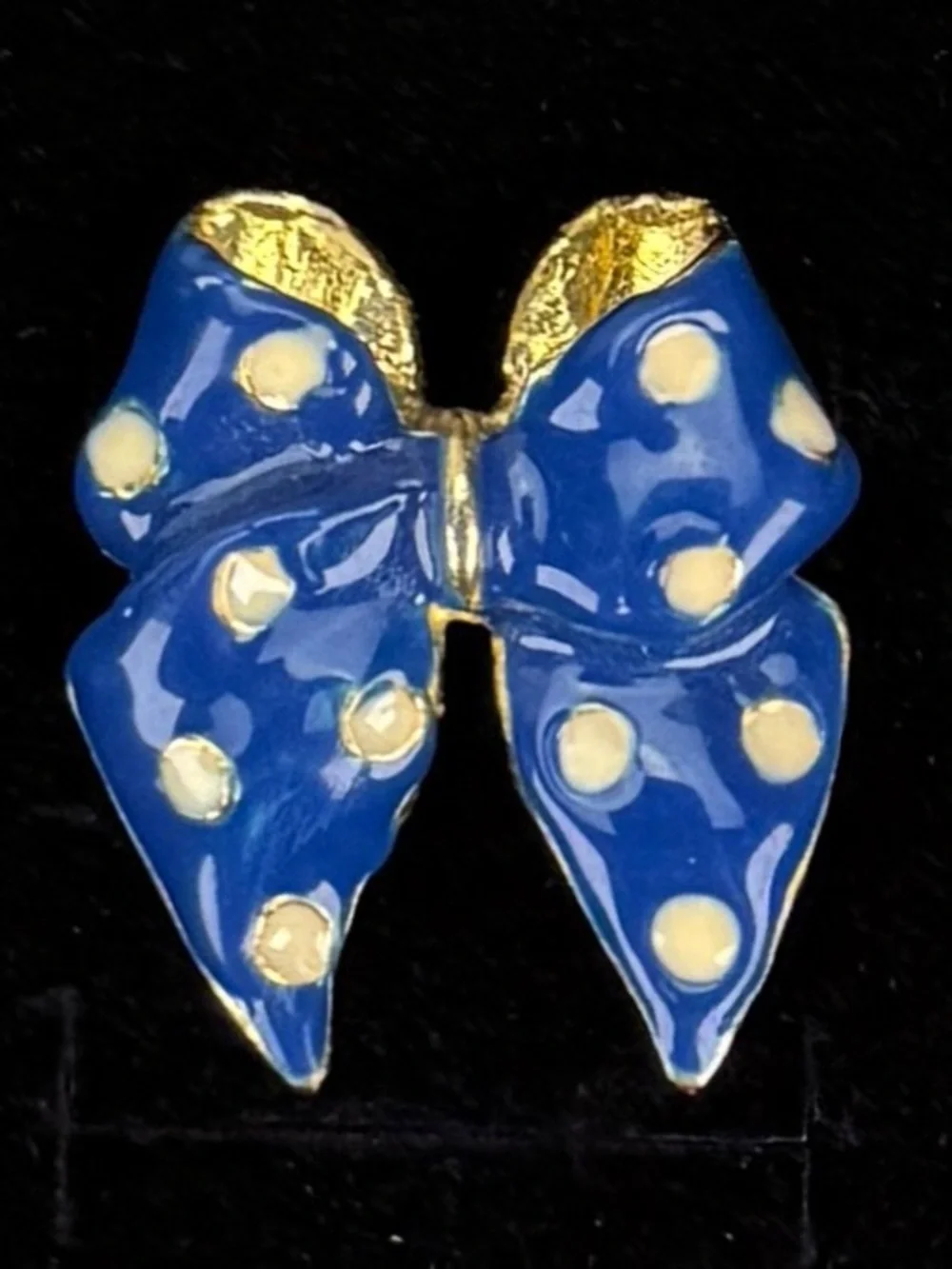 Vintage Goldtone Blue Polka Dot Bow Brooch